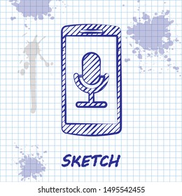 Sketch line Mobile recording icon isolated on white background. Mobile phone with microphone. Voice recorder app smartphone interface.  Vector Illustration