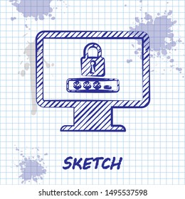 Sketch line Monitor with password notification and lock icon isolated on white background. Security, personal access, user authorization, login form.  Vector Illustration
