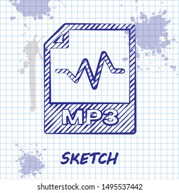 Sketch line MP3 file document. Download mp3 button icon isolated on white background. Mp3 music format sign. MP3 file symbol.  Vector Illustration