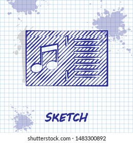 Sketch line Music book with note icon isolated on white background. Music sheet with note stave. Notebook for musical notes.  Vector Illustration