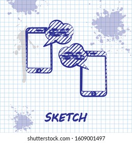 Sketch line New chat messages notification on phone icon isolated on white background. Smartphone chatting sms messages speech bubbles.  Vector Illustration