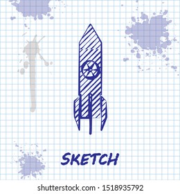 Sketch line Nuclear rocket icon isolated on white background. Rocket bomb flies down.  Vector Illustration