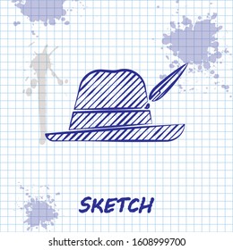 Sketch line Oktoberfest hat icon isolated on white background. Hunter hat with feather. German hat.  Vector Illustration