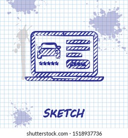 Sketch line Online car sharing icon isolated on white background. Online rental car service. Online booking design concept for laptop.  Vector Illustration