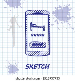 Sketch line Online hotel booking icon isolated on white background. Online booking design concept for mobile phone.  Vector Illustration