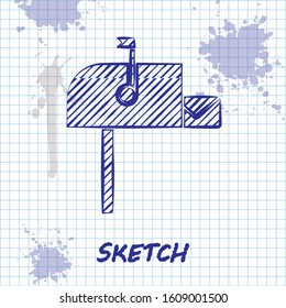 Sketch line Open mail box icon isolated on white background. Mailbox icon. Mail postbox on pole with flag.  Vector Illustration