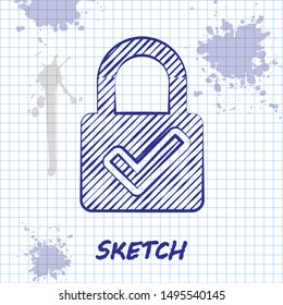 Sketch line Open padlock and check mark icon isolated on white background. Cyber security concept. Digital data protection. Safety safety.  Vector Illustration