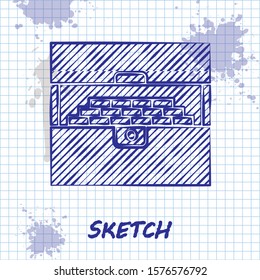 Sketch line Opened antique treasure chest icon isolated on white background. Vintage wooden chest with golden coin.  Vector Illustration