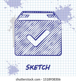 Sketch line Package box with check mark icon isolated on white background. Parcel box with checkmark. Approved delivery or successful package receipt.  Vector Illustration
