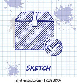 Sketch line Package box with check mark icon isolated on white background. Parcel box with checkmark. Approved delivery or successful package receipt.  Vector Illustration