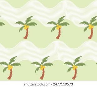 Sketch Line Palm Tree With Wave illustration Vector Seamless Pattern On Lime Green Background Wallpaper Color,Summer Calling Pattern Print Relax Mood, Chilling