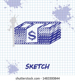 Sketch line Paper money american dollars cash icon isolated on white background. Money banknotes stack with dollar icon. Bill currency.  Vector Illustration