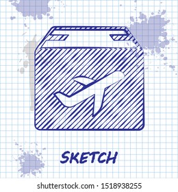 Sketch line Plane and cardboard box icon isolated on white background. Delivery, transportation. Cargo delivery by air. Airplane with parcels, boxes.  Vector Illustration