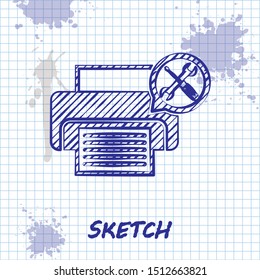 Sketch line Printer with screwdriver and wrench icon isolated on white background. Adjusting, service, setting, maintenance, repair, fixing.  Vector Illustration