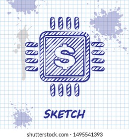 Sketch line Processor chip with dollar icon isolated on white background. CPU and a dollar sign.  Vector Illustration