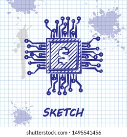Sketch line Processor chip with dollar icon isolated on white background. CPU, central processing unit, microchip, microcircuit, computer processor.  Vector Illustration