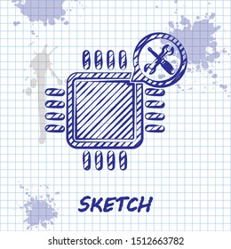 Sketch line Processor with screwdriver and wrench icon isolated on white background. Adjusting, service, setting, maintenance, repair, fixing.  Vector Illustration