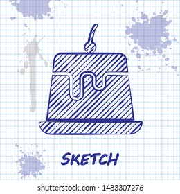 Sketch line Pudding custard with caramel glaze icon isolated on white background.  Vector Illustration