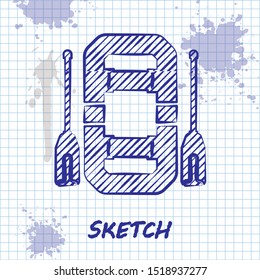 Sketch line Rafting boat icon isolated on white background. Inflatable boat with oars. Water sports, extreme sports, holiday, vacation, team building.  Vector Illustration