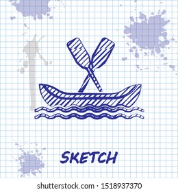 Sketch line Rafting boat icon isolated on white background. Kayak with paddles. Water sports, extreme sports, holiday, vacation, team building.  Vector Illustration
