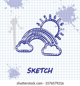 Sketch line Rainbow with clouds and sun icon isolated on white background.  Vector Illustration