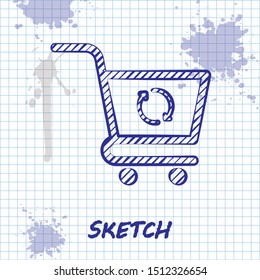 Sketch line Refresh shopping cart icon isolated on white background. Online buying concept. Delivery service sign. Update supermarket basket symbol.  Vector Illustration