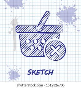 Sketch line Remove shopping basket icon isolated on white background. Online buying concept. Delivery service sign. Supermarket basket and X mark.  Vector Illustration