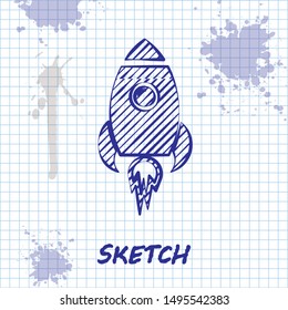 Sketch line Rocket ship with fire icon isolated on white background. Space travel.  Vector Illustration