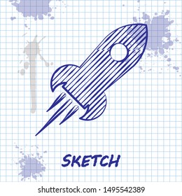 Sketch line Rocket ship with fire icon isolated on white background. Space travel.  Vector Illustration