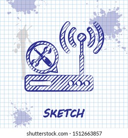 Sketch line Router wi-fi with screwdriver and wrench icon isolated on white background. Adjusting, service, setting, maintenance, repair, fixing.  Vector Illustration