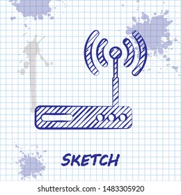 Sketch line Router and wi-fi signal symbol icon isolated on white background. Wireless ethernet modem router. Computer technology internet.  Vector Illustration