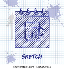 Sketch line Saint Patricks day with calendar icon isolated on white background. Four leaf clover symbol. Date 17 March.  Vector Illustration