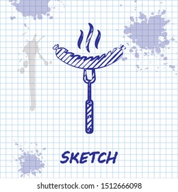 Sketch line Sausage on the fork with steam icon isolated on white background. Grilled sausage and aroma sign.  Vector Illustration