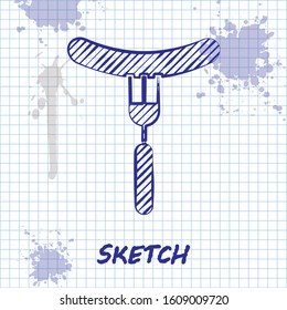 Sketch line Sausage on the fork icon isolated on white background. Grilled sausage and aroma sign.  Vector Illustration