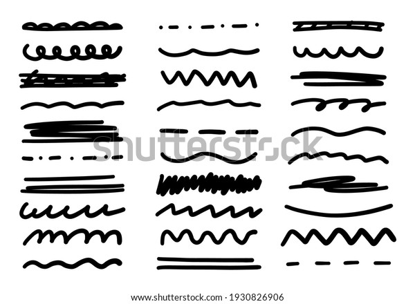 Sketch line. Scribble doodle brush set.\
Hand drawn black vector lines. Grunge marker\
set