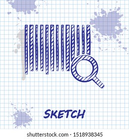 Sketch line Search barcode icon isolated on white background. Magnifying glass searching barcode. Barcode label sticker. Research barcode.  Vector Illustration