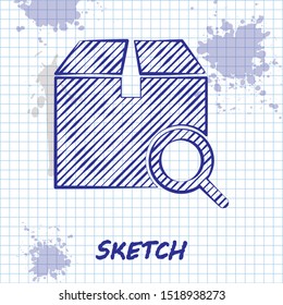 Sketch line Search package icon isolated on white background. Parcel tracking symbol. Magnifying glass and cardboard box. Logistic and delivery.  Vector Illustration