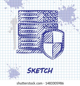 Sketch line Server with shield icon isolated on white background. Protection against attacks. Network firewall, router, switch or server, data.  Vector Illustration