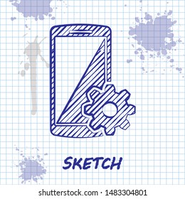 Sketch line Setting on smartphone icon isolated on white background. Mobile phone and gear. Adjusting, service, setting, maintenance, repair, fixing.  Vector Illustration