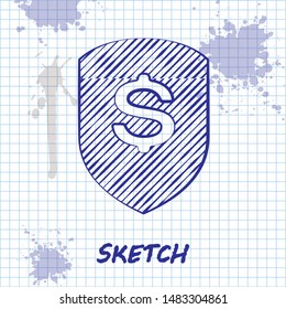 Sketch line Shield and dollar icon isolated on white background. Security shield protection. Money security concept.  Vector Illustration