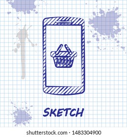 Sketch line Shopping basket on screen smartphone icon isolated on white background. Concept e-commerce, e-business, online business marketing.  Vector Illustration