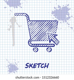 Sketch line Shopping cart with cursor icon isolated on white background. Online buying concept. Delivery service sign. Supermarket basket symbol.  Vector Illustration