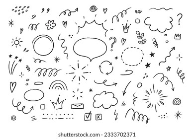 Sketch line simple elements such as cloud, star, heart shape. Hand drawn simple elements set. Doodle vector illustration isolated on white background.