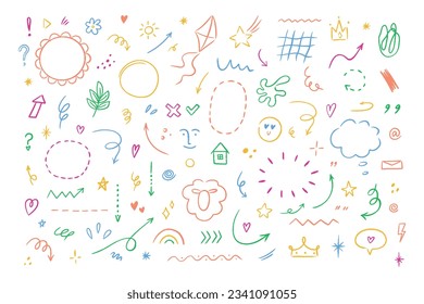 Sketch line simple elements such as cloud, star, heart shape. Hand drawn simple elements set. Doodle vector illustration isolated on white background.