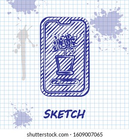 Sketch line Smart control farming system mobile application icon isolated on white background.  Vector Illustration