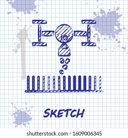 Sketch line Smart farm with drone control for seed planting icon isolated on white background. Innovation technology for agricultural company.  Vector Illustration