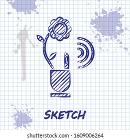 Sketch line Smart farming technology - farm automation system in app icon isolated on white background.  Vector Illustration