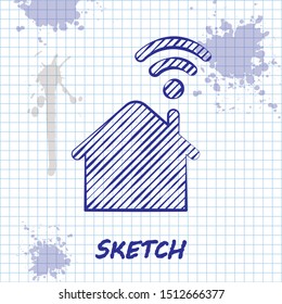 Sketch line Smart home with wi-fi icon isolated on white background. Remote control.  Vector Illustration