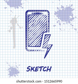 Sketch line Smartphone charging battery icon isolated on white background. Phone with a low battery charge.  Vector Illustration