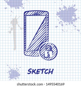 Sketch line Smartphone with closed padlock icon isolated on white background. Phone with lock. Mobile security, safety, protection concept.  Vector Illustration